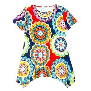 Metropolitan Bohemian Medallion Sharktail Handkerchief Hem O'Neck Blouse